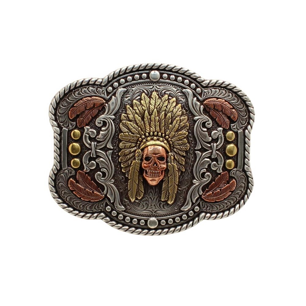 7393 Nocona 's Western Buckle with Feathered Headdress Motif, Copper Skull
